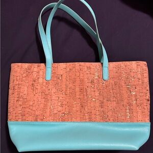 Viv & Lou Coral and Aqua Cork Shell Tote Bag